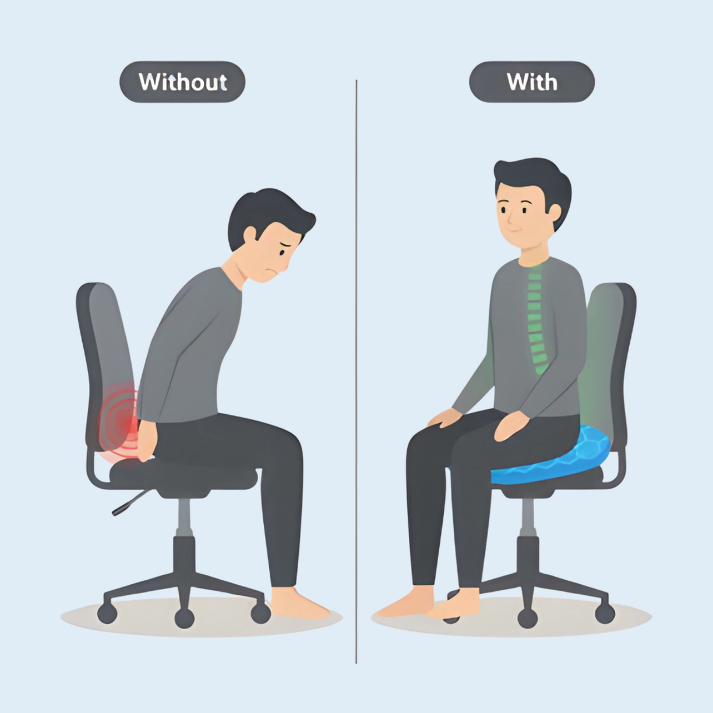 Illustration showing a person sitting on an office chair with and without a lumbar cushion.